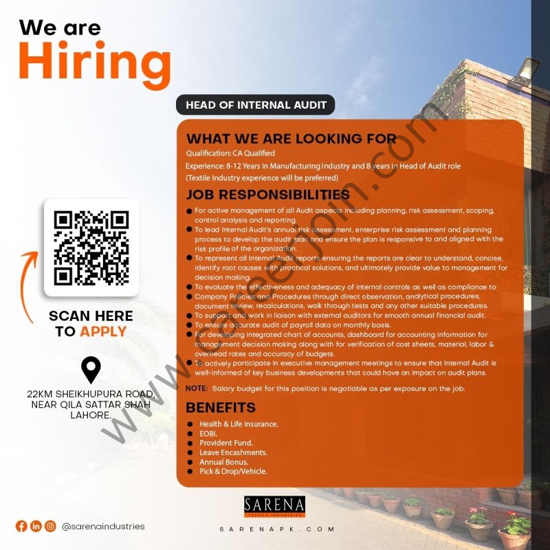 Sarena Textile Industries Jobs Head of Internal Audit 1