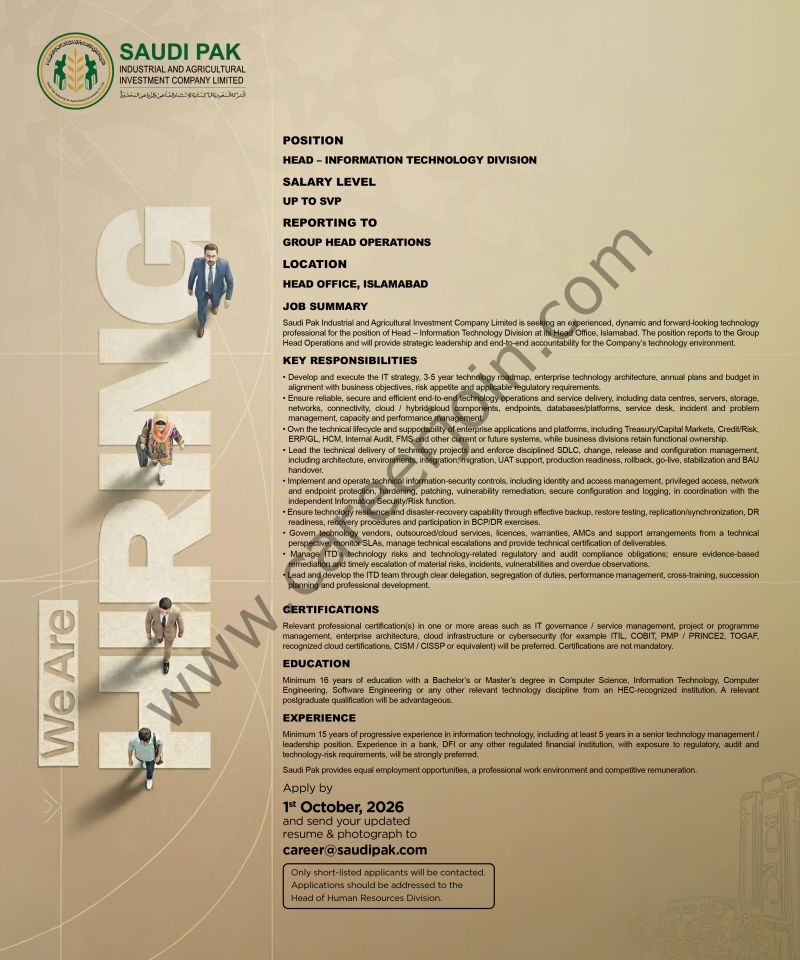 Saudi Pak Industrial and Agricultural Investment Company Limited Jobs Head Information Technology 1