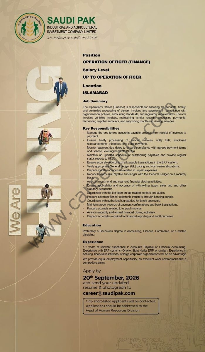 Saudi Pak Industrial & Agricultural Investment Company Limited Jobs Operations Officer (Finance) 1