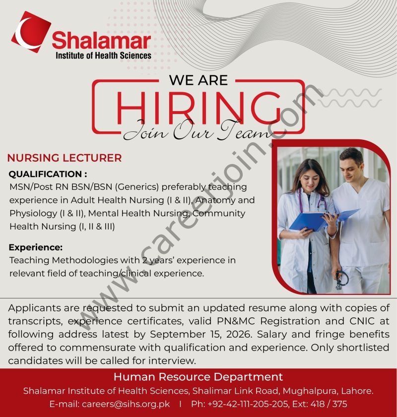 Shalamar Institute of Health Sciences (SIHS) Jobs September 2026 2