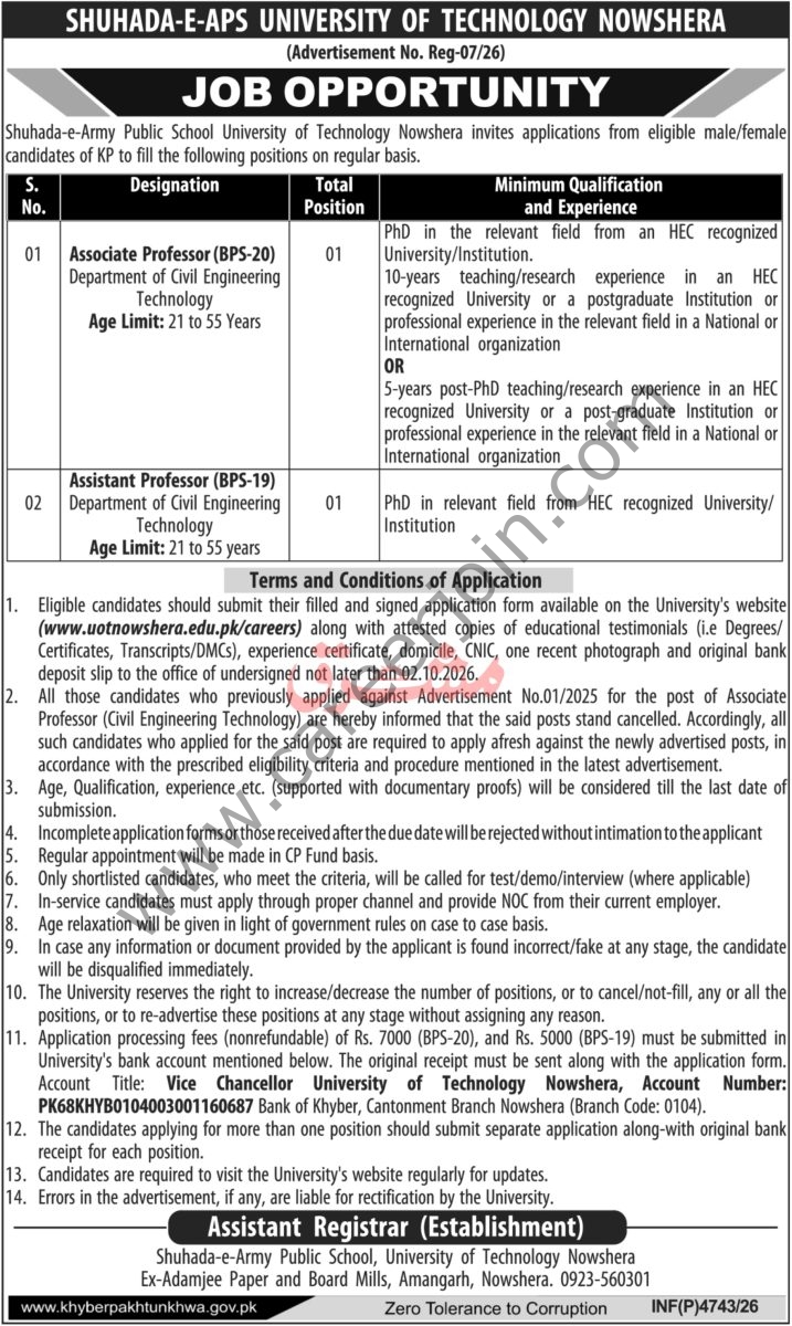 Shuhada E APS University of Technology Nowshera Jobs 19 September 2026 Masriq 1