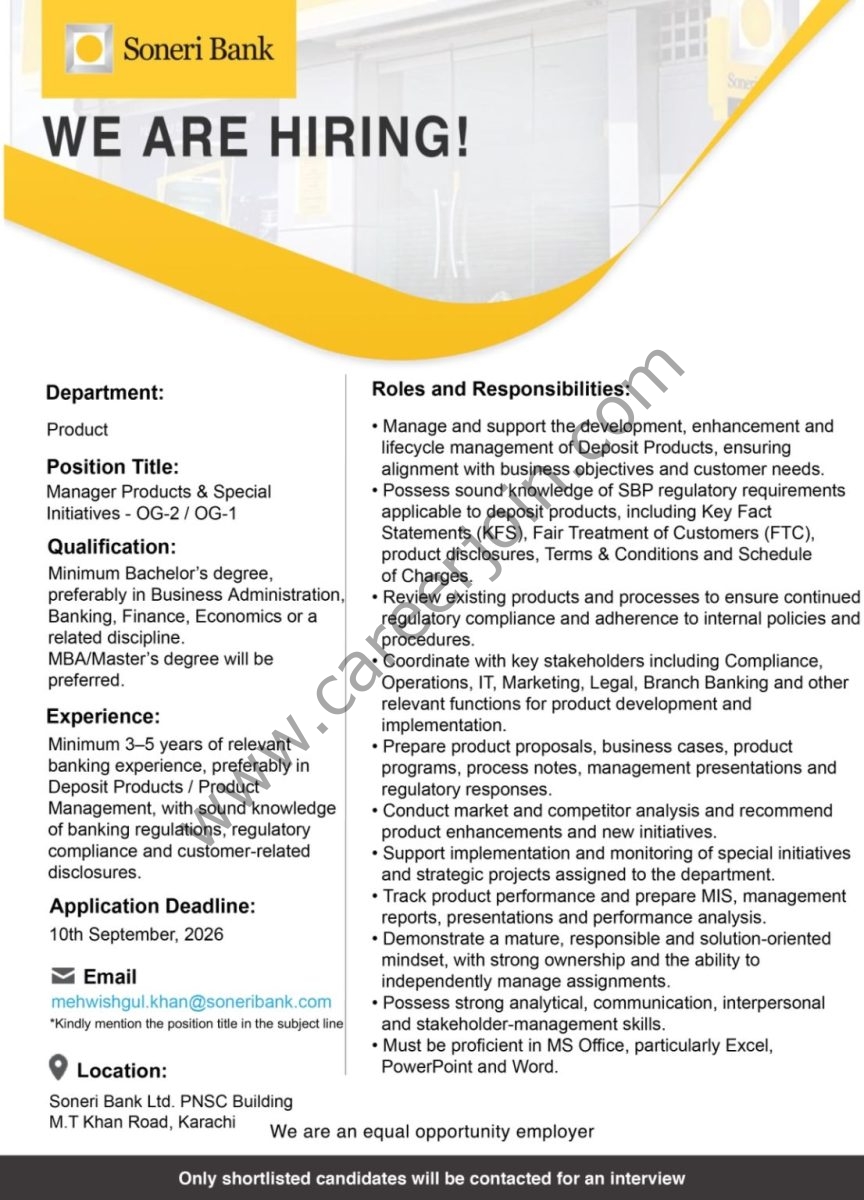 Soneri Bank Limited Jobs Manager Products & Special Initiatives 1