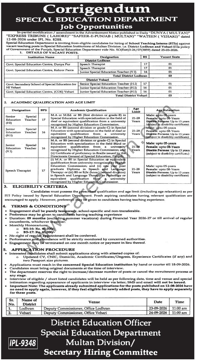 Special Education Department Jobs 07 September 2026 Dawn 1