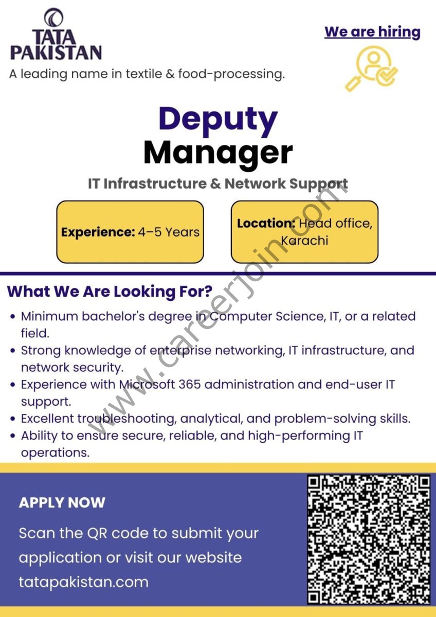 Tata Pakistan Jobs Deputy Manager Networks & IT Support 1