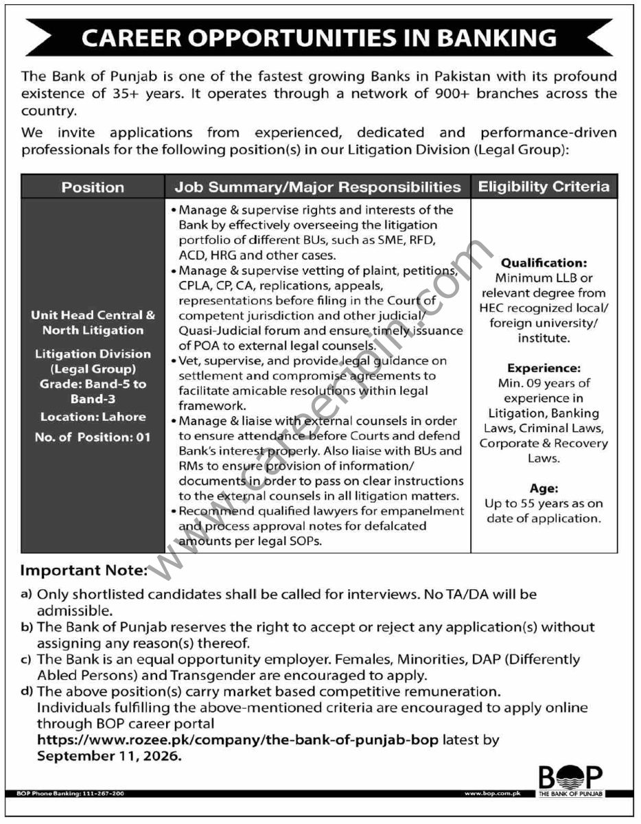 The Bank of Punjab BOP Jobs 29 August 2026 Dawn 1
