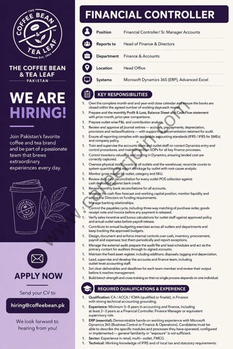 The Coffee Bean & Tea Leaf® Pakistan Jobs Financial Controller / Sr Manager Accounts 1