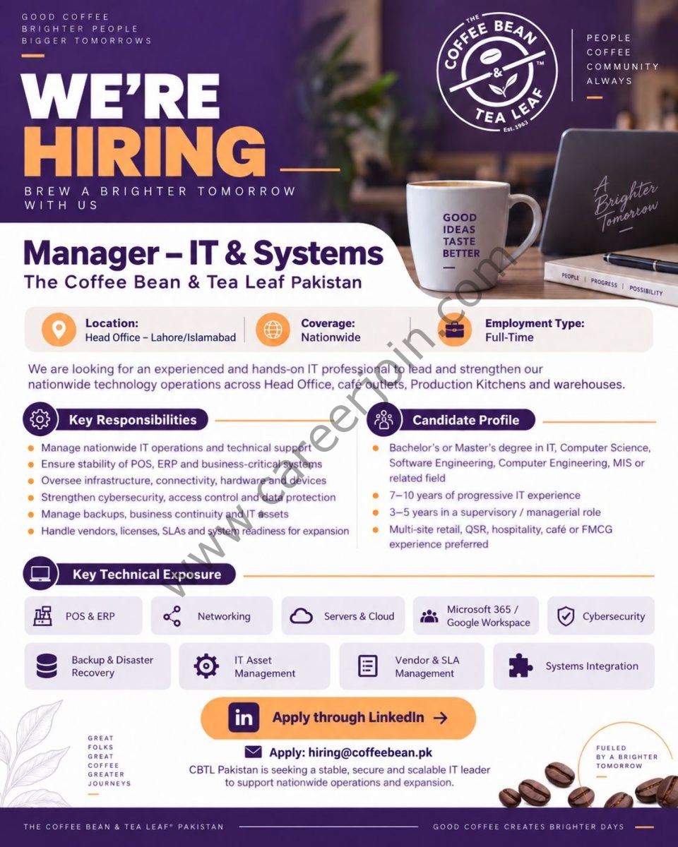 The Coffee Bean & Tea Leaf Pakistan Jobs Manager IT & Systems 1