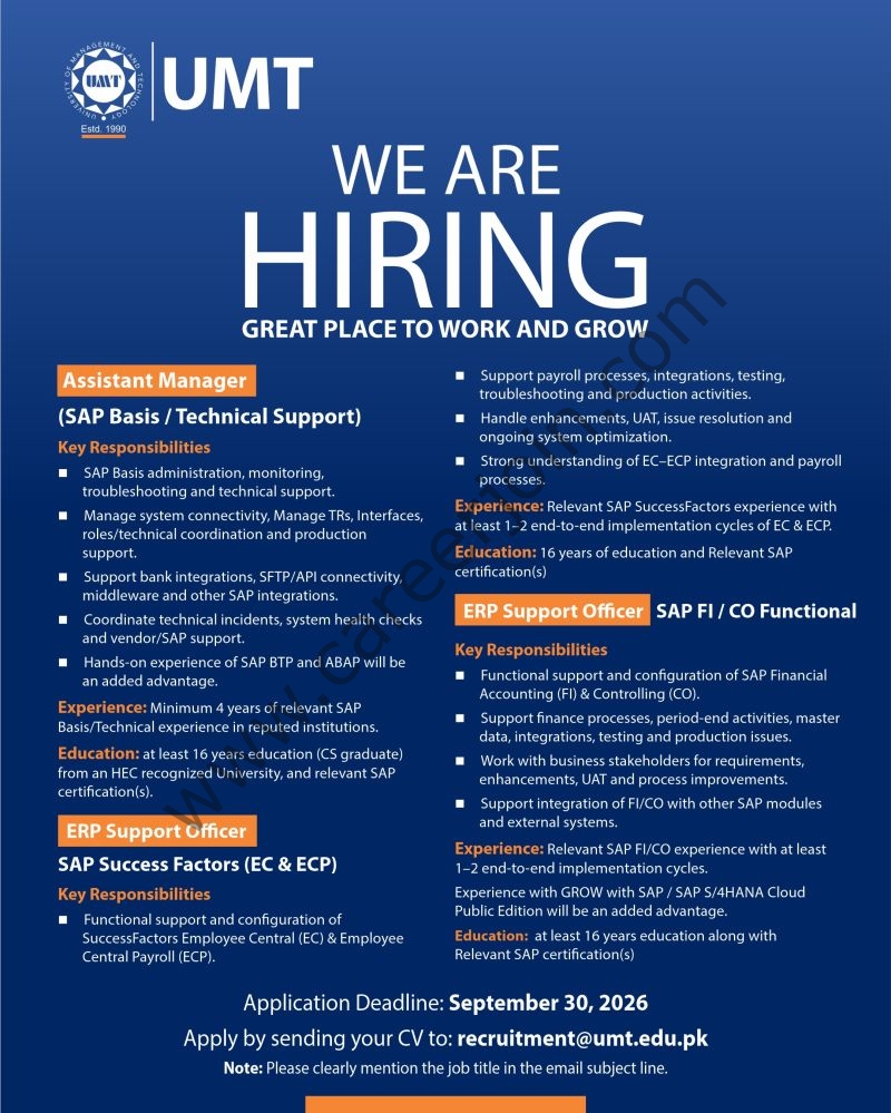 University of Management & Technology UMT Jobs September 2026 1