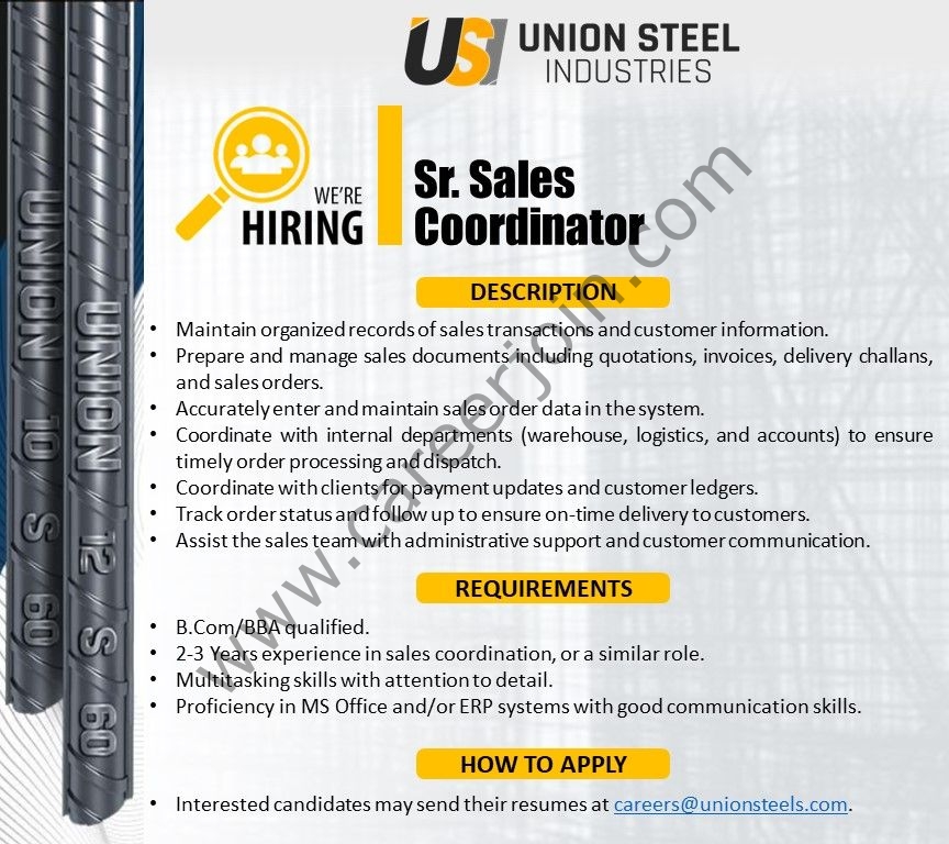 Union Steel Industries Jobs Sr Sales Coordinator 1