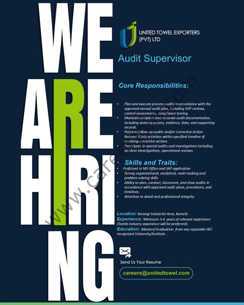 United Towel Exporters Jobs Audit Supervisor 1