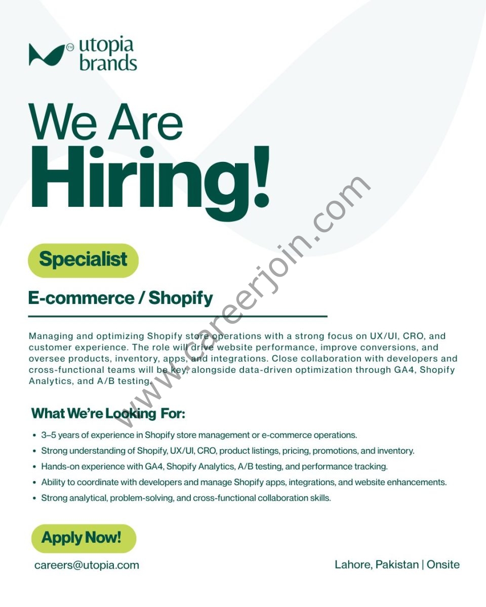 Utopia Brands Jobs Shopify E-Commerce Specialist  1