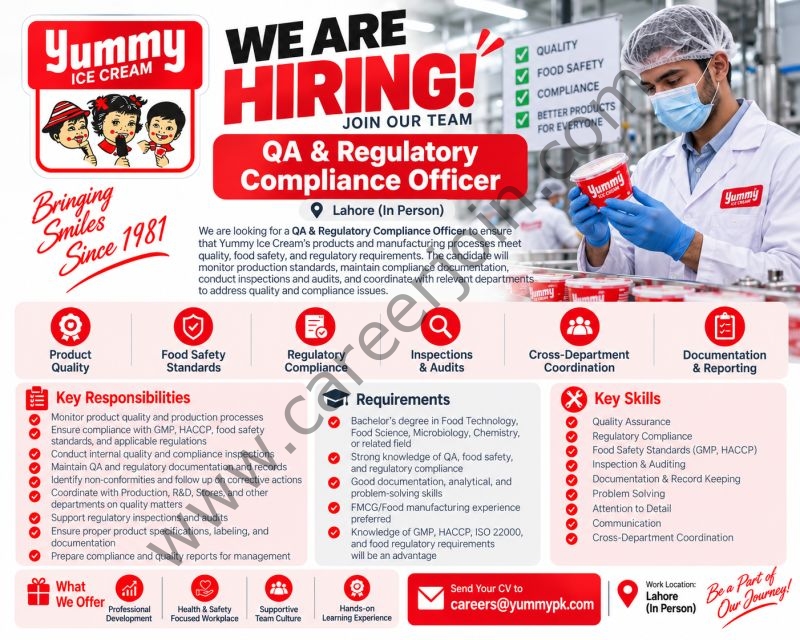 Yummy Ice Cream Jobs QA & Regulatory Compliance Officer 1