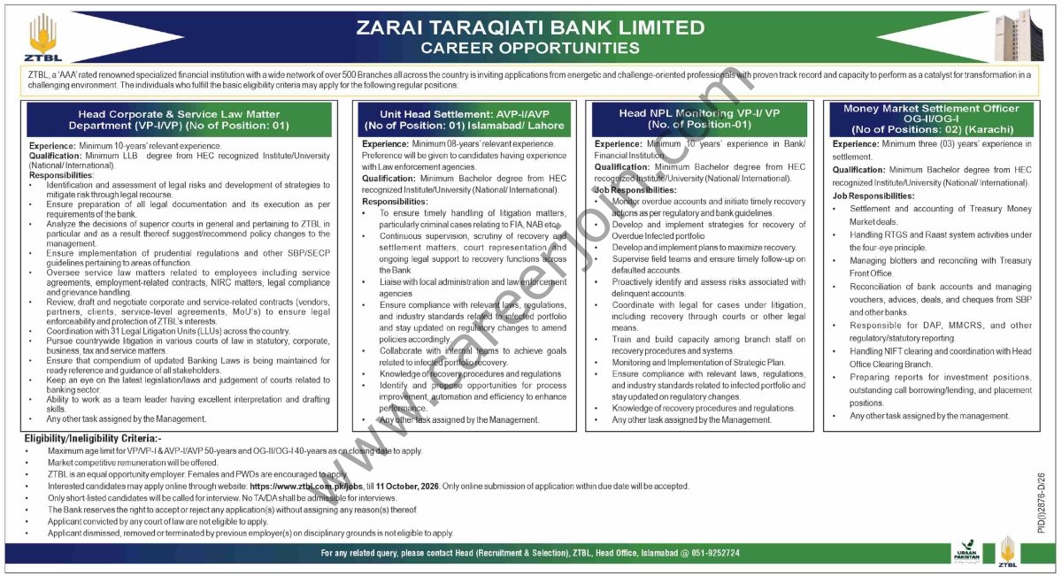 Zarai Taraqiati Bank Ltd ZTBL Jobs 27 September 2026 Dawn 1