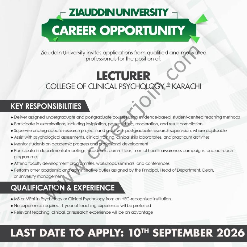 Ziauddin University Jobs September 2026 2