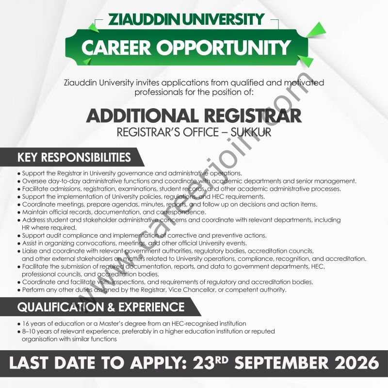 Ziauddin University Jobs Additional Registrar 1