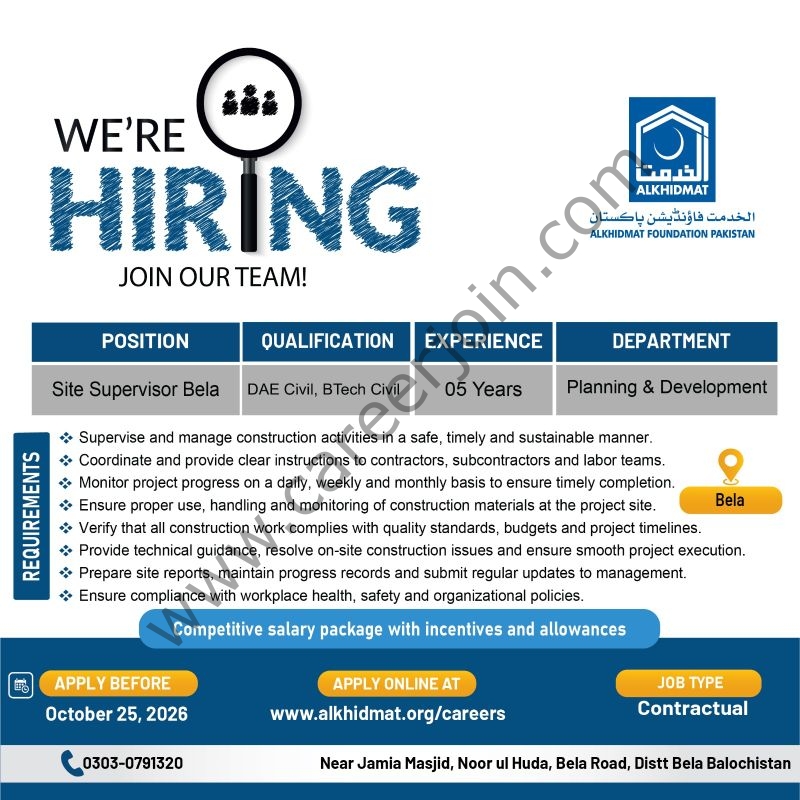 Alkhidmat Foundation Pakistan Jobs Site Supervisor 1
