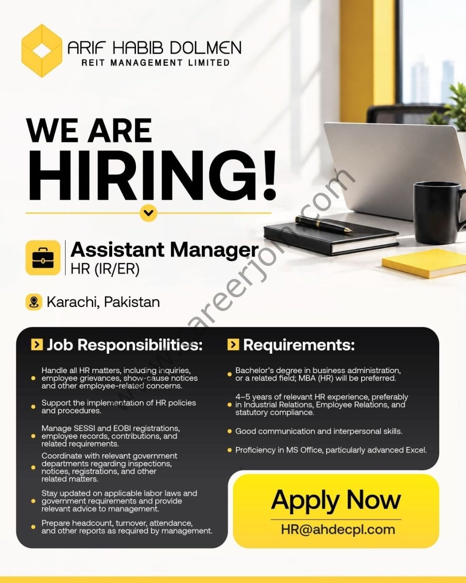 Arif Habib Dolmen REIT Management Limited Jobs Assistant Manager HR (IR/ER) 1