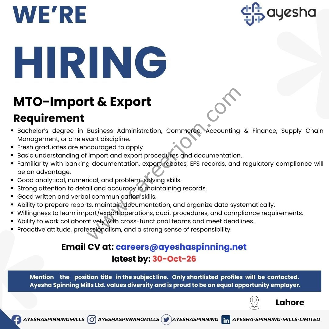 Ayesha Spinning Mills Pvt Ltd Jobs MTO Import & Export 1