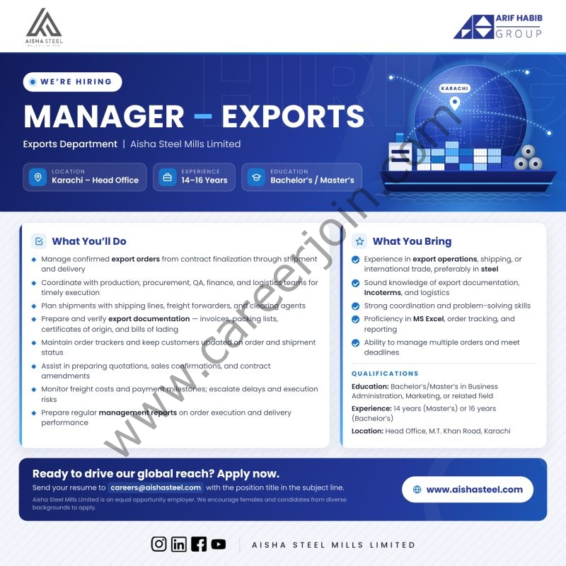 Aisha Steel Mills Limited ASML Jobs Manager Exports 1