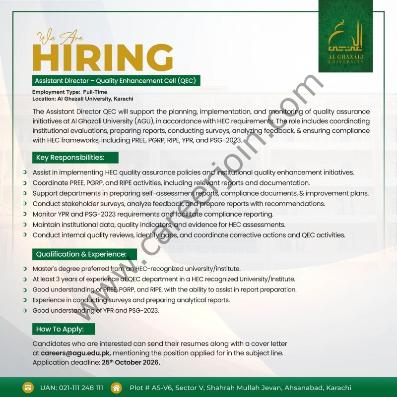 Al Ghazali University AGU Jobs Assistant Director Quality Enhancement Cell (QEC) 1