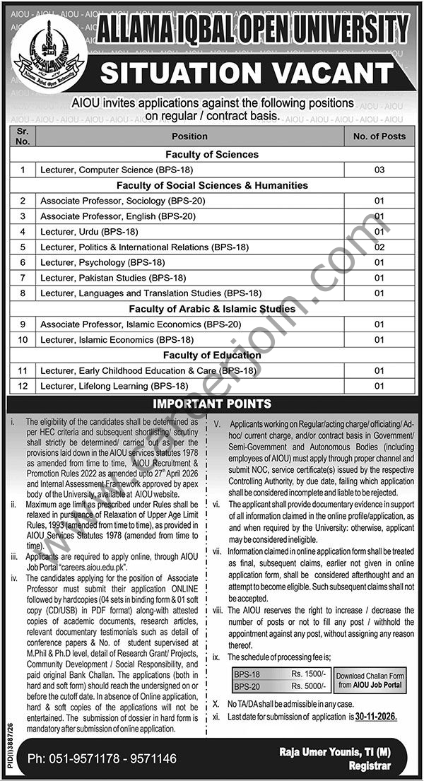 Allama Iqbal Open University AIOU Jobs 28 October 2026 Nawaiwaqt 1