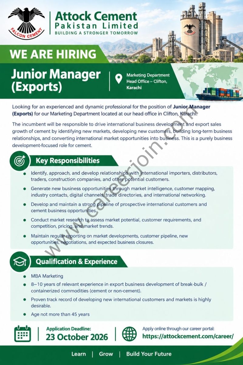 Attock Cement Pakistan Limited Jobs Junior Manager (Exports) 1