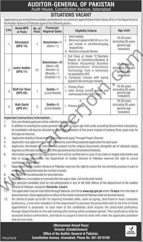 Auditor General of Pakistan Jobs 25 October 2026 Jang 1
