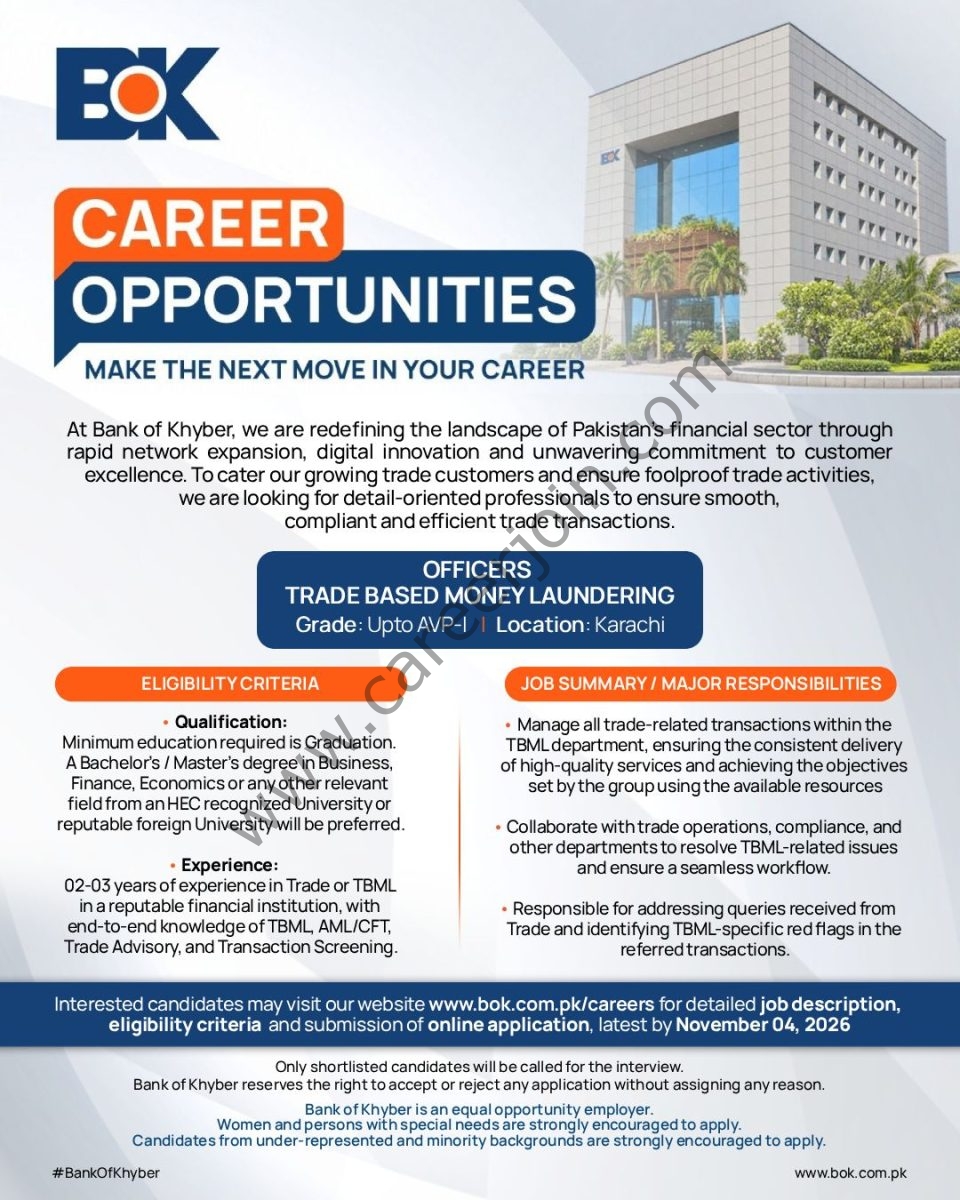Bank of Khyber BOK Jobs Officers Trade Based Money Laundery 1