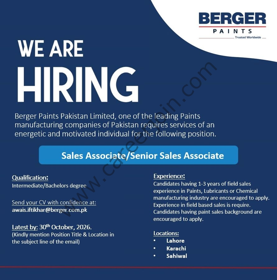 Berger Paints Pakistan Jobs Sales Associate / Senior Sales Associate 1