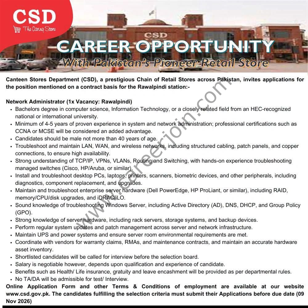 Canteen Stores Department (CSD) Jobs Network Administrator 1