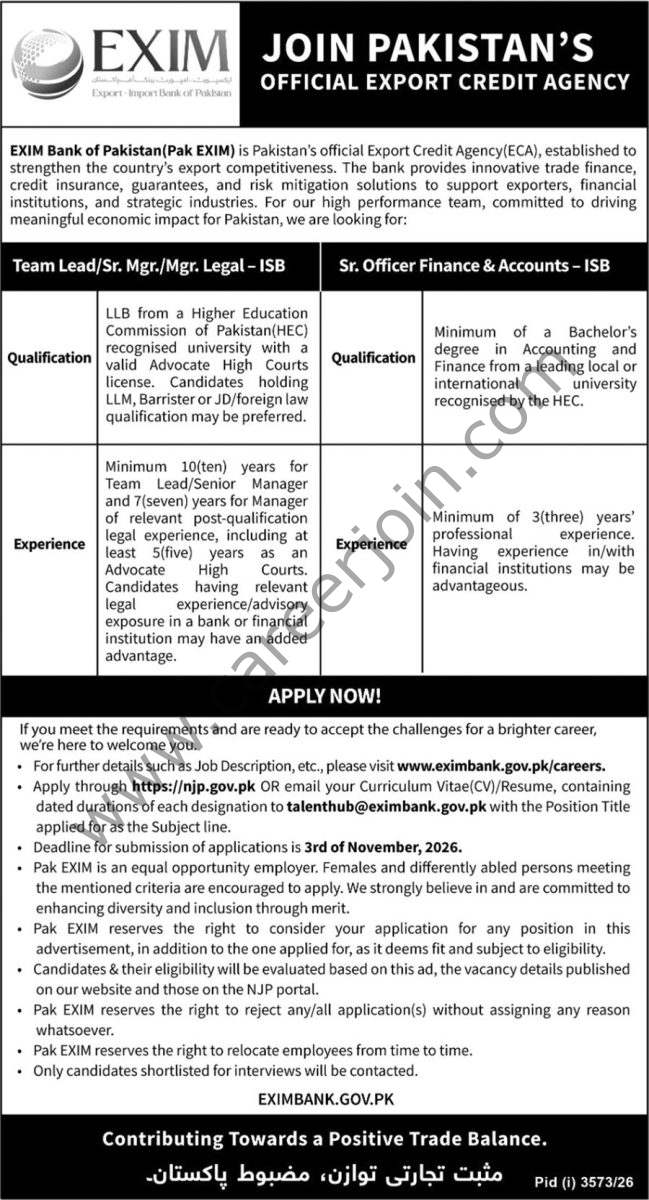 EXIM Bank of Pakistan Jobs 20 October 2026 Nation 1