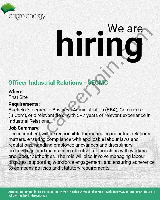 Engro Energy Jobs Officer Industrial Relations 1