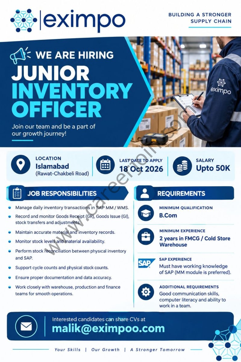 Eximpo Cool Chains (Pvt) Ltd Jobs Junior Inventory Officer 1