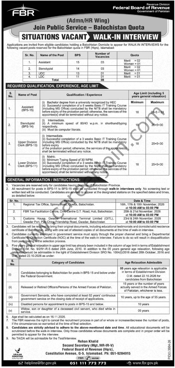 Federal Board of Revenue FBR Jobs 30 October 2026 Dawn 1