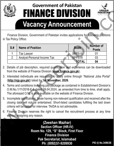 Finance Division Government of Pakistan Jobs 18 October 2026 Jang 1