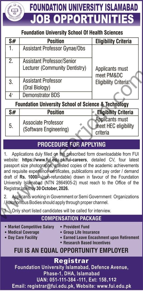 Foundation University Islamabad FUI Jobs 20 October 2026 1