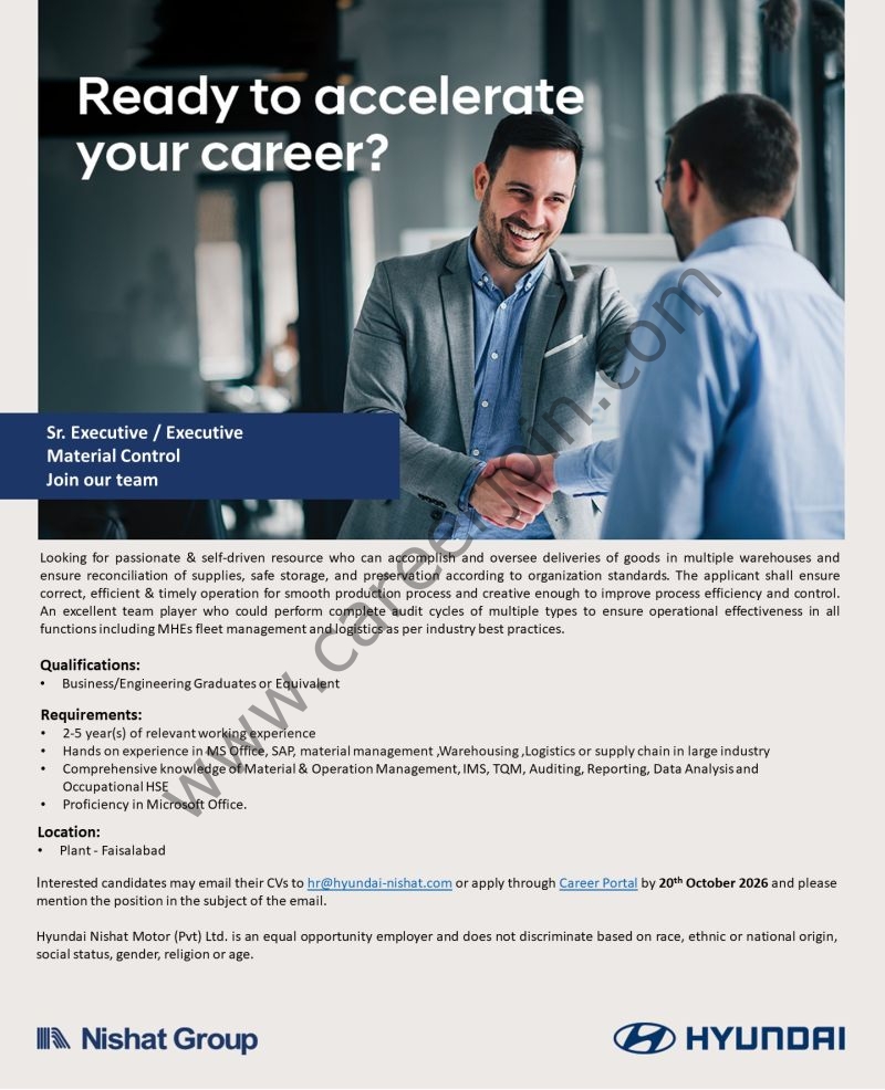Hyundai Nishat Motors Pvt Ltd Jobs Sr Executive / Executive Material Control 1