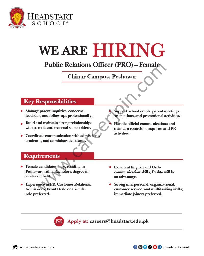 Headstart School Jobs Public Relations Officer (PRO) 1