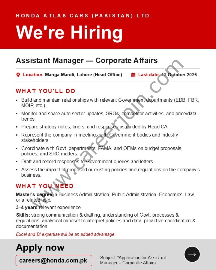 Honda Atlas Cars Pakistan Limited Jobs Assistant Manager Corporate Affairs 1
