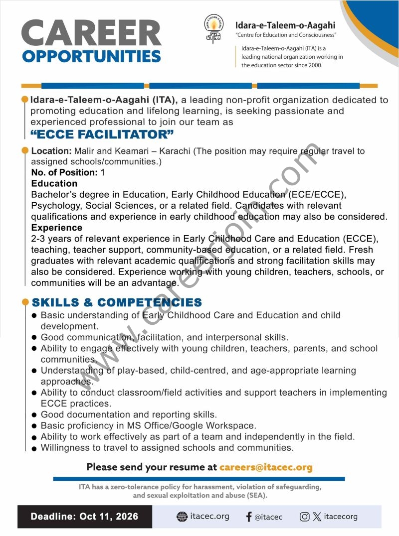 Idara-e-Taleem Aagahi (ITA) Jobs ECCE Facilitator 1