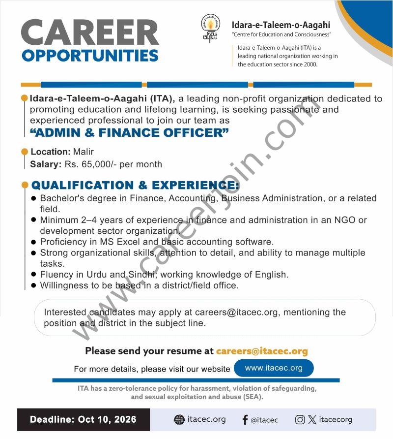 Idara-e-Taleem-o-Aagahi (ITA) Jobs Admin & Finance Officer 1
