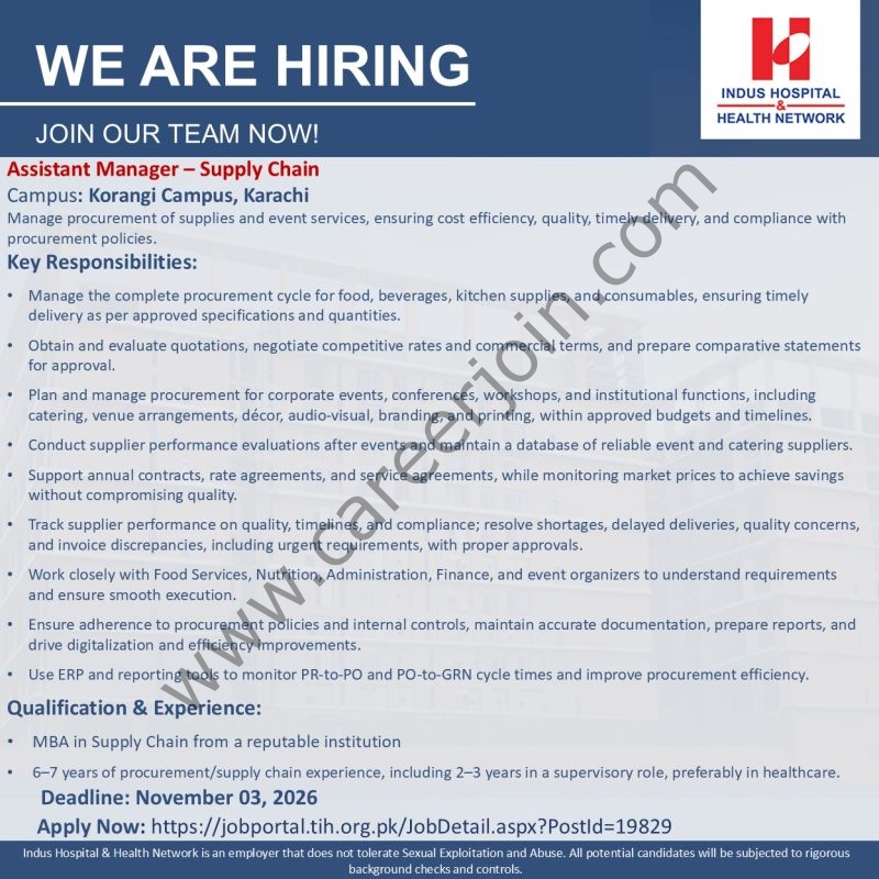 Indus Hospital & Health Network Jobs Assistant Manager Supply Chain 1