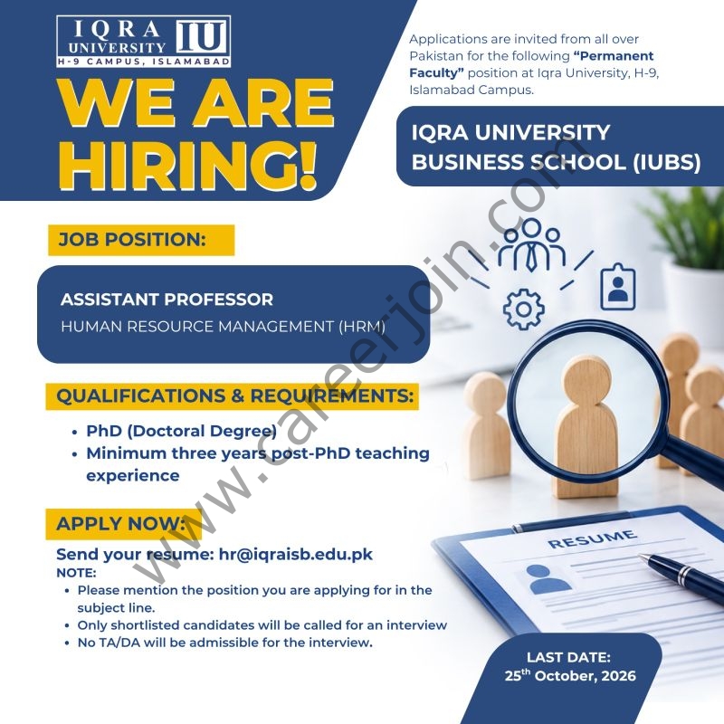 Iqra University IU Jobs Assistant Professor Human Resource Management (HRM) 1