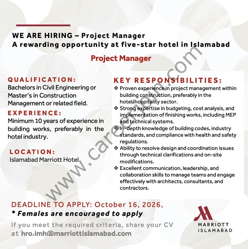 Islamabad Marriott Hotel Jobs Project Manager 1