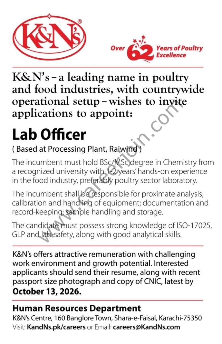 K&N's Pakistan Jobs Lab Officer 1