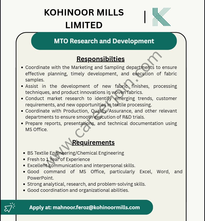 Kohinoor Mills Limited Jobs October 2026 2