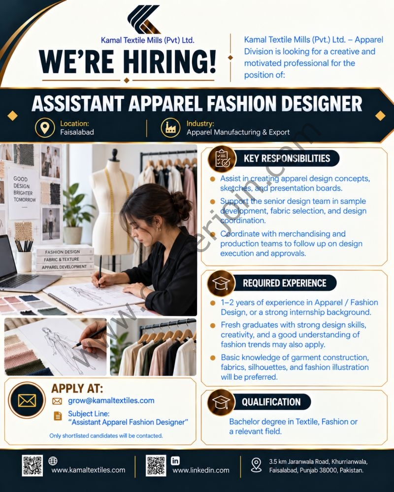 Kamal Textile Mills Pvt Ltd Jobs Assistant Fashion Designer 1