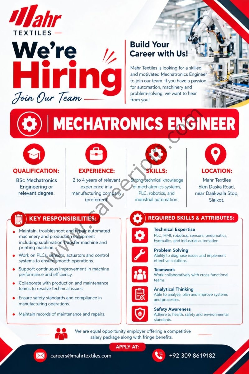 Mahr Textiles (Pvt) Ltd Jobs Mechatronics Engineer 1