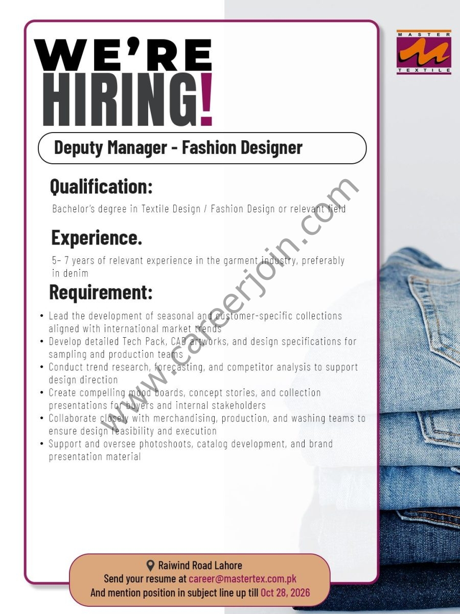 Master Textile Mills Ltd Jobs Deputy Manager Fashion Designer 1