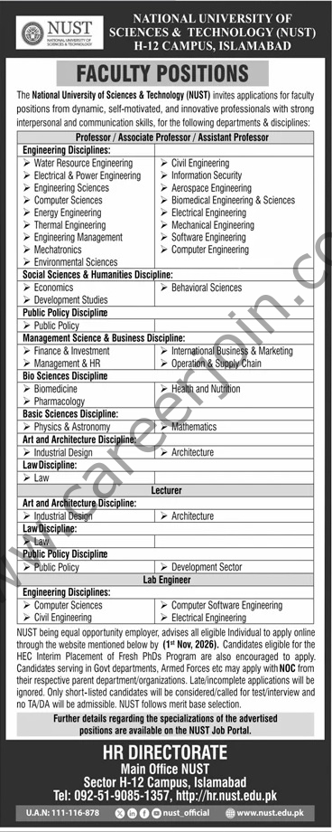 National University of Sciences & Technology NUST Jobs 18 October 2026 Jang 1